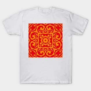 Golden Curls Pattern on a Red Background T-Shirt